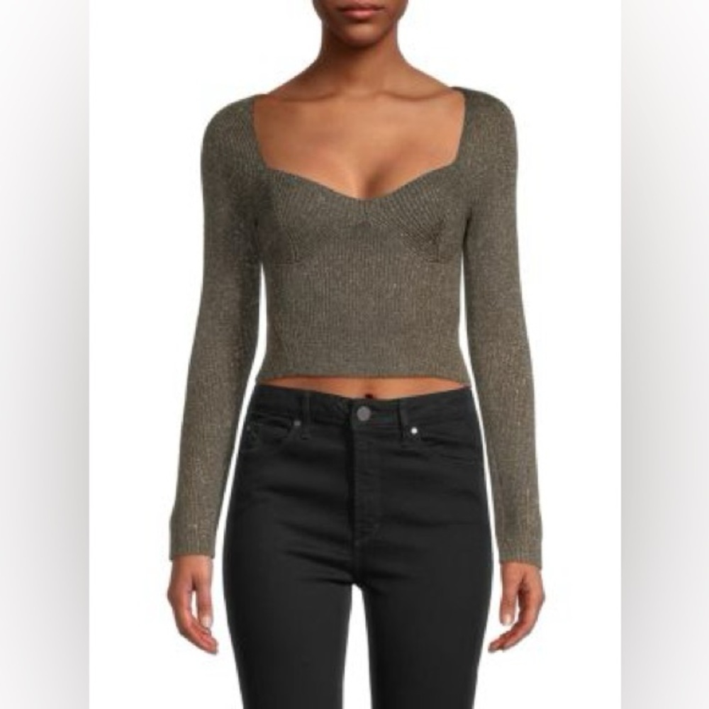 House of Harlow Green Metallic Sparkle Long Sleeve Top